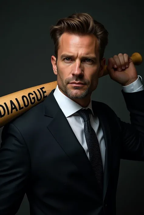 Actor Gabriel Macht in a suit holding a baseball bat on his shoulder and the bat has a sticker on it that says, in very large letters, the word DIALOGUE