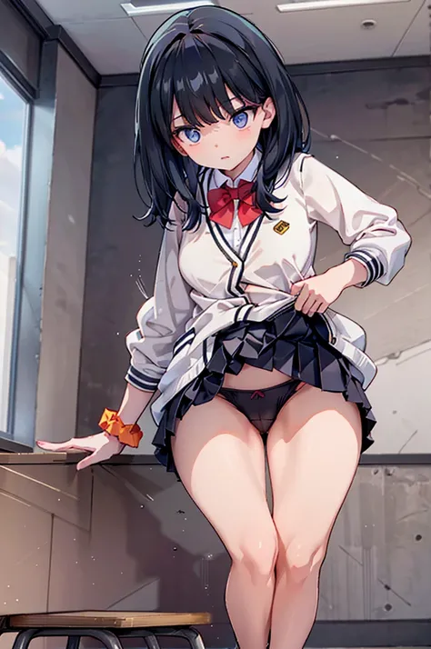 1mature female, takarada rikka, black hair, solo, blue eyes, wrist scrunchie, long hair, red socks,undressing  school uniform, bra, breast, black skirt, bangs, pleated skirt, orange scrunchie, red bow, white cardigan, long sleeves, bowtie, undressing white...