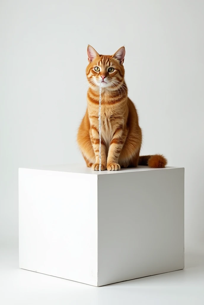 very hyperrealistic photography, Highly detailed skin, ginger cat sits on a large white cube, a fountain comes out of the mouth like a whale, White background, studio photography, studio lighting