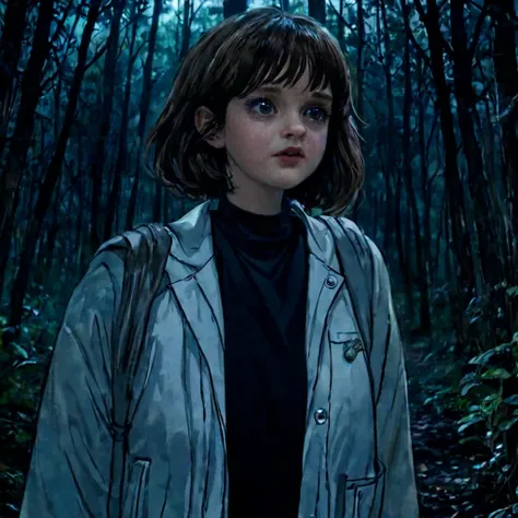 Drawing of Robin Buckley wearing a white jacket and a black blouse underneath, she stands in a dark forest during the night, stranger things, front view, scary ambience 