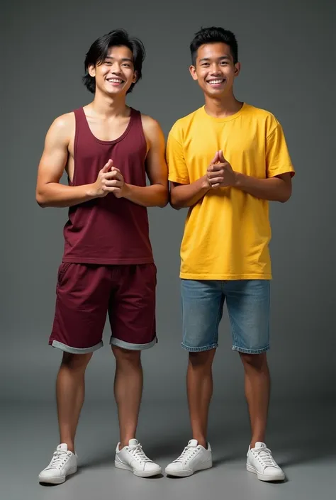 realistic photography. fold both hands to the chest. looking at the camera. Young Indonesian man weighing 60kg wearing a maroon singlet, shorts, bobbed hair like Dora. next to him is a young Indonesian man in a yellow shirt. short jeans sneakers. they laug...