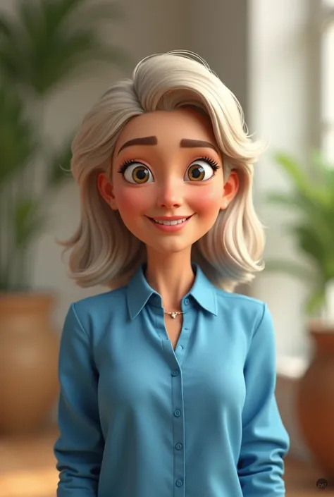 work of art, best qualityer, a 50 year old woman with slightly blond hair , wearing a blue blouse, standing, Grinning, slim, pixar style, 3d, animation character, stylized character, animation style rendering, 3d stylized, Arnold Maya rendering, Stylized 3...