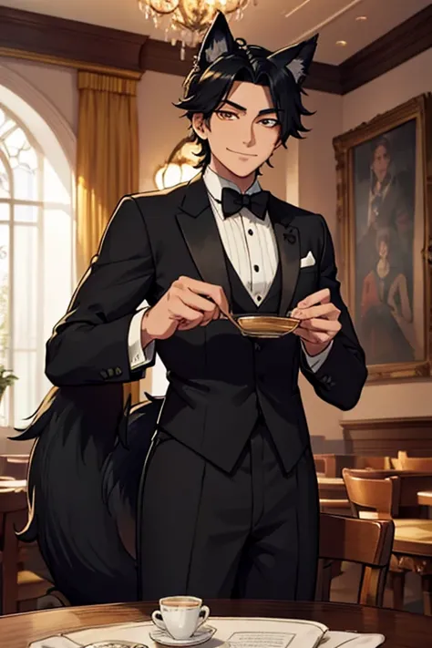 Perfect face. Perfect hands. An black haired man with golden eyes with black fox ears and a black fox tail in a butlers outfit is smiling while setting the table in a fancy butlers cafe