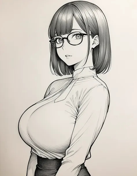 1 female, 30-year-old, alone, thin, slender, (gigantic breasts), nape undercut, bedhead, blunt bangs, thin, slender, (((glasses)...