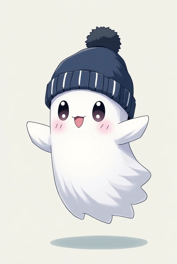 A small armless anime ghost wearing a dark blue beanie with white details and a floating black pompom