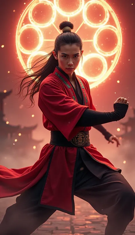 a vibrant and dynamic image of Shang-Chi, The main character of "Shang-Chi and the Legend of the Ten Rings", performed by Simu Liu. The scene should capture the essence of the film&#39;s culture and style., with Shang-Chi wearing his traditional combat att...