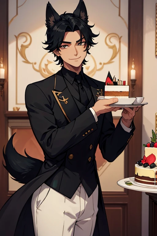 Perfect face. Perfect hands. An black haired man with golden eyes with black fox ears and a black fox tail in a butlers outfit is smiling while serving a slice of cake in a fancy butlers cafe