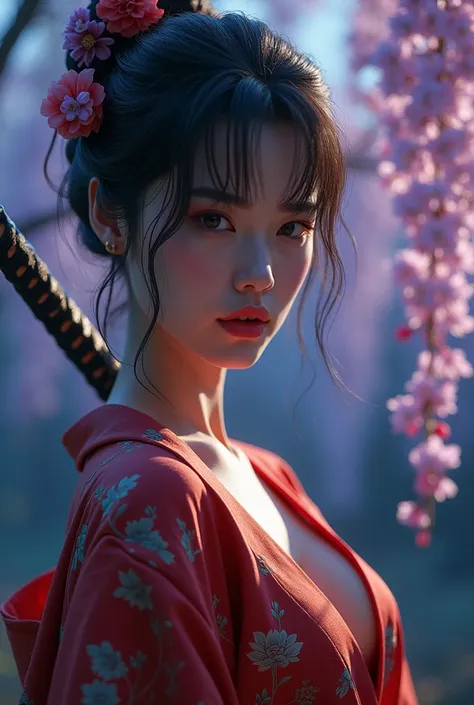 young woman、cute、kimono、Holding a Japanese sword、sexy、Her kimono is open and her shoulders are exposed.、Beautiful clavicle、Beauty、1、Imaginary Being、Background real night、Background wisteria flower、(best quality,4K,8k,highres,masterpiece:1.2),ultra-detailed...