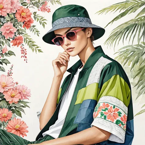 candid fashion illustration of young male supermodels, 20 year old tall and slender, ((showcase in fashionable linen outfits modern and elegant sportwear with a collage or patchwork details of ethnic motifs fabric, mixed color of dark green, coral pink, li...