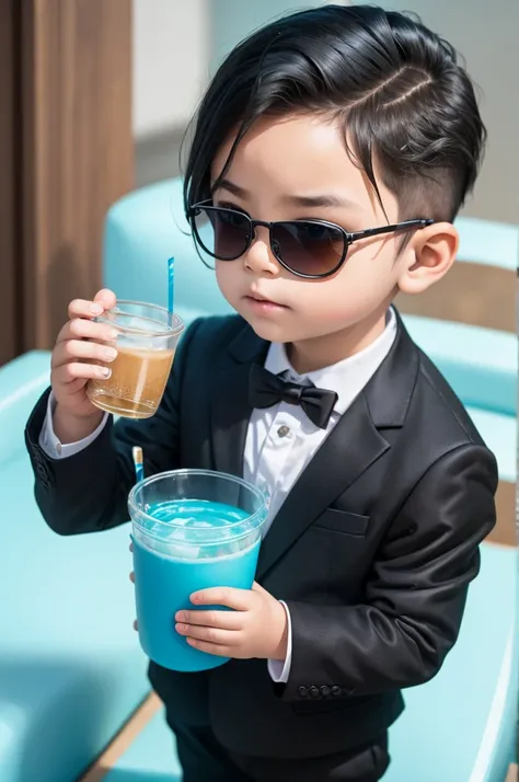 a toddler in a black suit with slicked back blue hair and sunglasses holding a cup