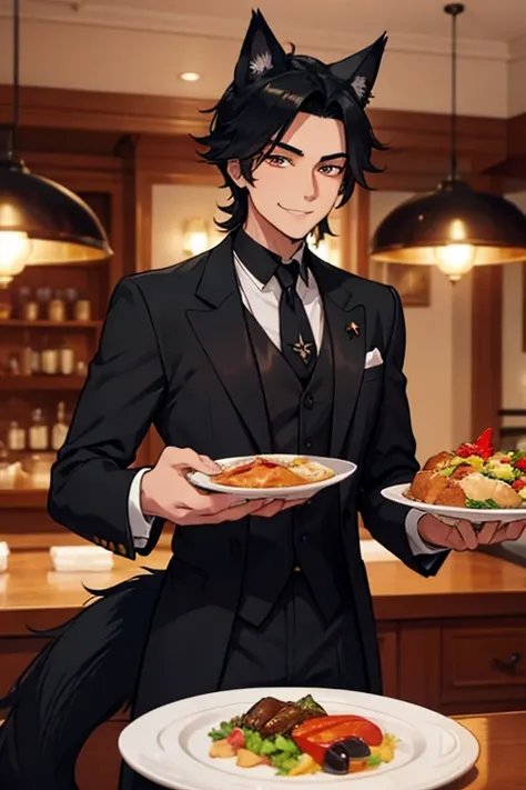 Perfect face. Perfect hands. An black haired man with golden eyes with black fox ears and a black fox tail in a butlers outfit is smiling while serving dinner  in a fancy butlers cafe