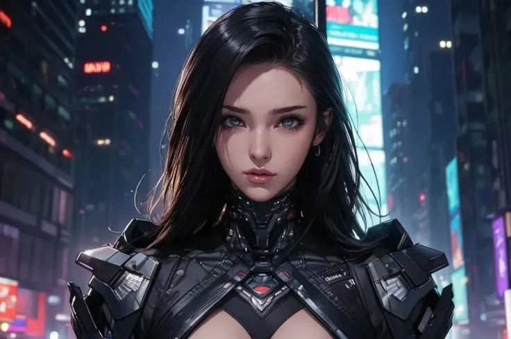 (masterpiece), (Highest quality), (Very detailed), (1 person), (cyber punk), Future city background, Detailed eyes, Detailed nose, Detailed lips, Perfect Face, Perfect body, Revealing clothing, upper body shot,