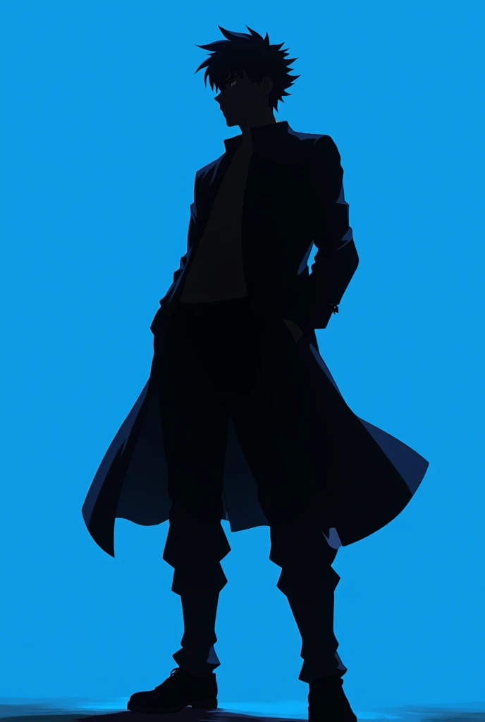 A black silhouette of a man in anime style in some pose and not in full growth on a completely blue background