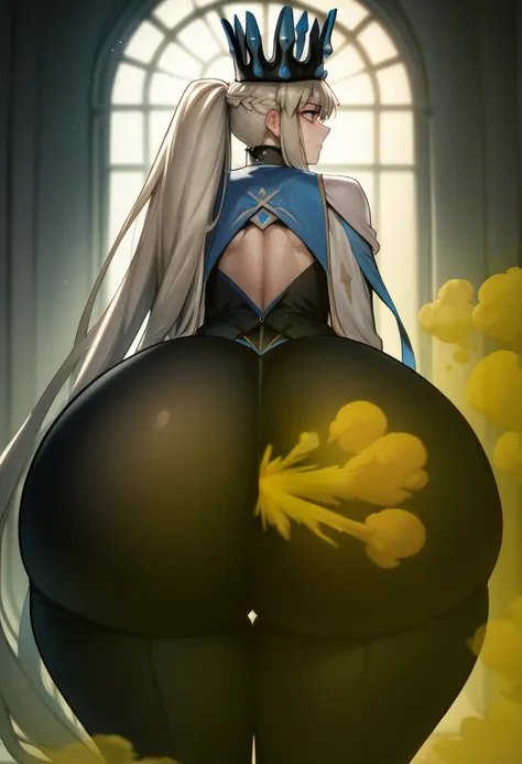 Highest quality, masterpiece, High Resolution, 1 girl, long hair, grey hair, blue eyes, very long hair, ponytail, Split ponytail, french braid, Crown, spiked collar, black bodysuit, Ass, hyper Ass, huge Ass, big ass, wide hip, fart, farting, yellow_smoke, ...