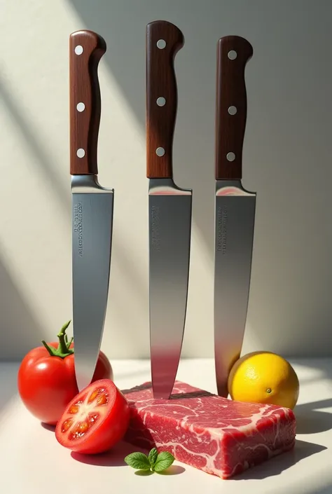 3 knives, 1 with meat, 1 knife with tomato and 1 knife with lemon, on the bench