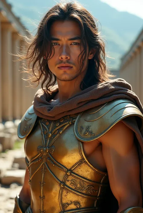 (((1man)))  a hyper realistic ultra detailed photograph of a handsome japan man full pose style photorealistic full pose style Milo at agreek ruins background, tattered Scorpio gold half shiny metal armor, long brown hair, blue eyes, dynamic pose, detailed...