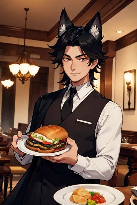 Perfect face. Perfect hands. An black haired man with golden eyes with black fox ears and a black fox tail in a butlers outfit is smiling while serving dinner in a fancy butlers cafe