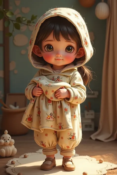 Child wearing clothes with Hansel and Gretel print holding clothes in hand 