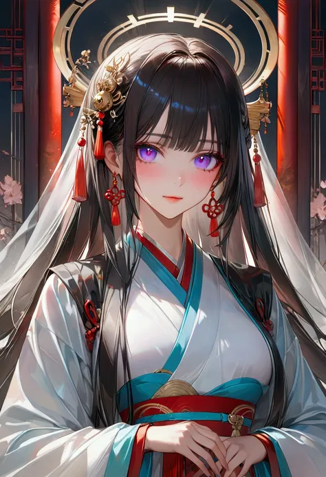 Long smooth straight dark-iridescent hair, dark-iridescent eyes,hanfu, masterpiece, super detail, best quality, 8k,semi-realistic