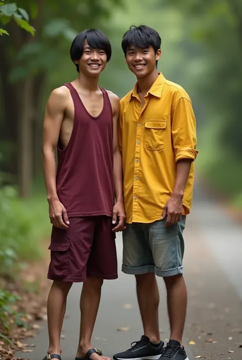 realistic photography. Young Indonesian man weighing 60 kg wearing a maroon singlet, shorts, bobbed hair like Dora. next to him is a young Indonesian man in a yellow shirt. short jeans sneakers. they smile at the camera. Ultra-realistic 8K photos, taken wi...