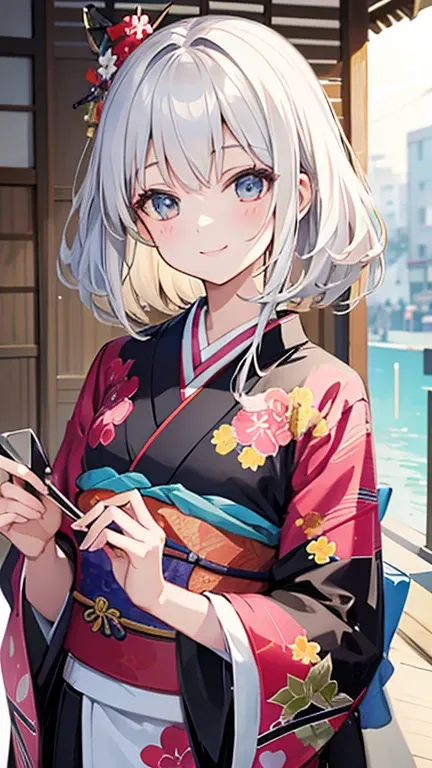 Smiling girl wearing a kimono