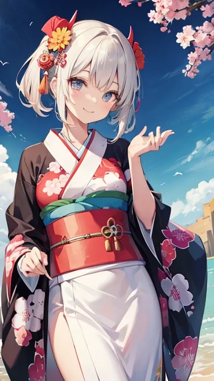 Smiling girl wearing a kimono