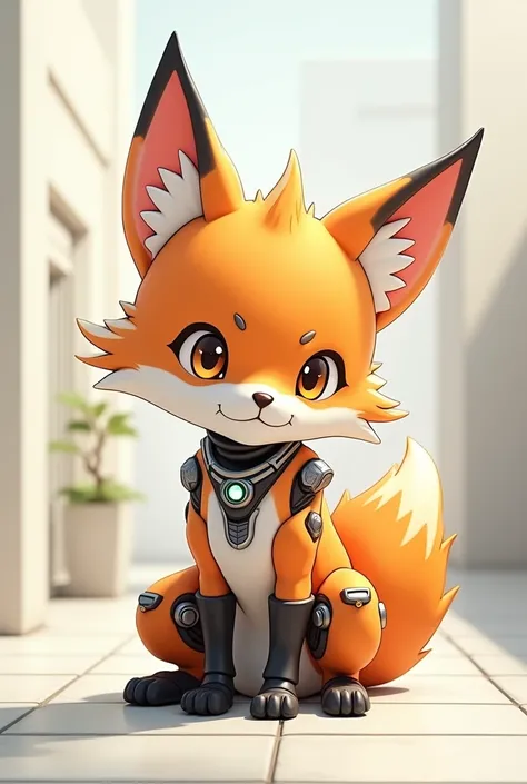 A detialed anime of a cute, mischievous fox character. With meaningful smirk . Robotic style .  But with pure soul . 