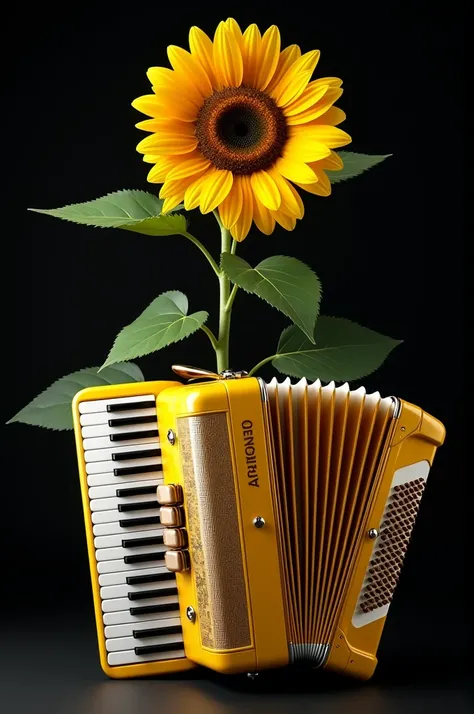 Create an image of a golden yellow accordion with a black background and a large sunflower