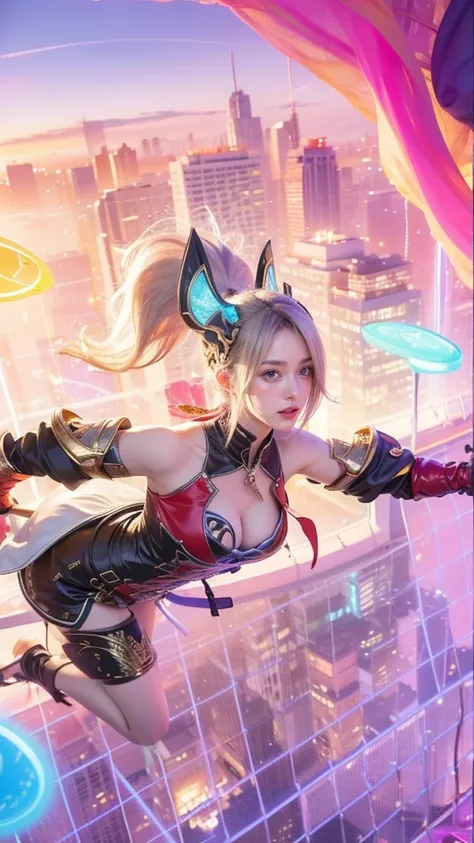 The image is a dynamic, colorful illustration of a female character in a fantasy setting, with vibrant clothing and armor, and a backdrop of a cityscape.