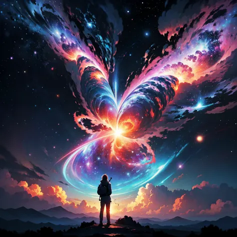 (standing alone) inconceivable and spectacular an emergency scene of a cloud figure Sophie Turner in a Cosmic cloud, fractal nebula threads, Cosmic, heavenly, Cosmic, vibrant and vivid entities, swirls, wiring, irreal, hight contrast, symbolism, magical, m...