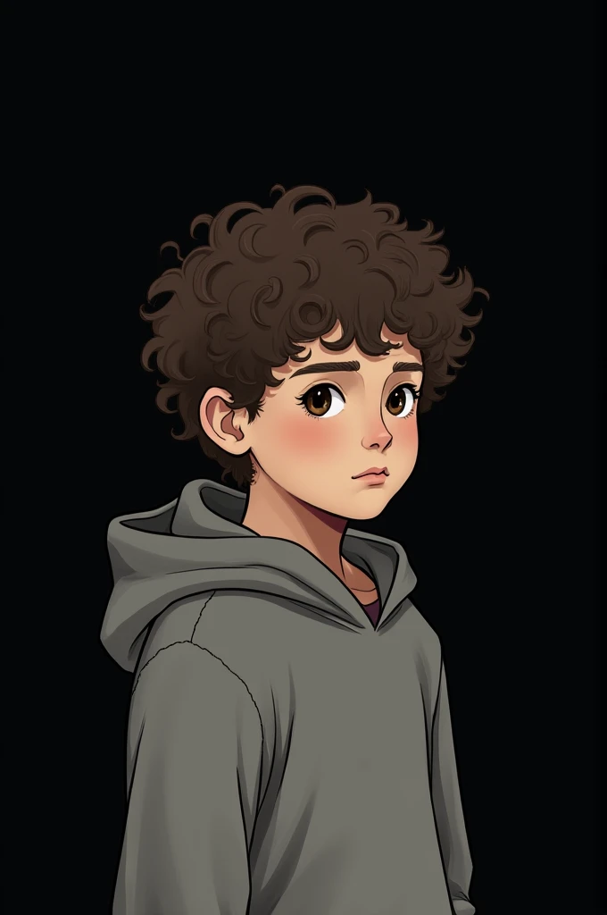 One 1 Boy He is wearing a grey hoodie And Is Hair Style is Curly Hair and Background Is Black Photo Style is illustrated 