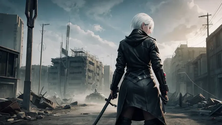 A woman with a black jacket, white hair, black eyes and a dull face, with a scythe and many technological weapons, and a post-apocalyptic background, a version of unreal projects with apocalyptic features, many colors, full body view, back and forward body