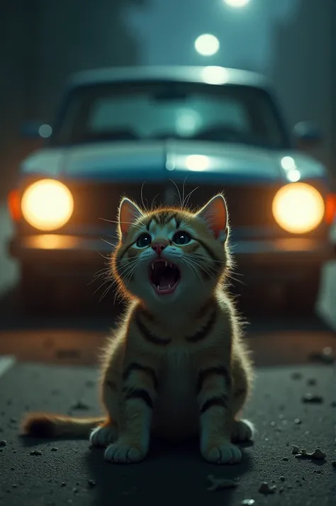 A cat crying in front of car
