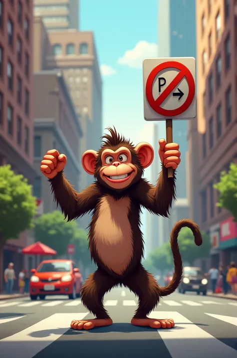 Monkey holding a no parking sign