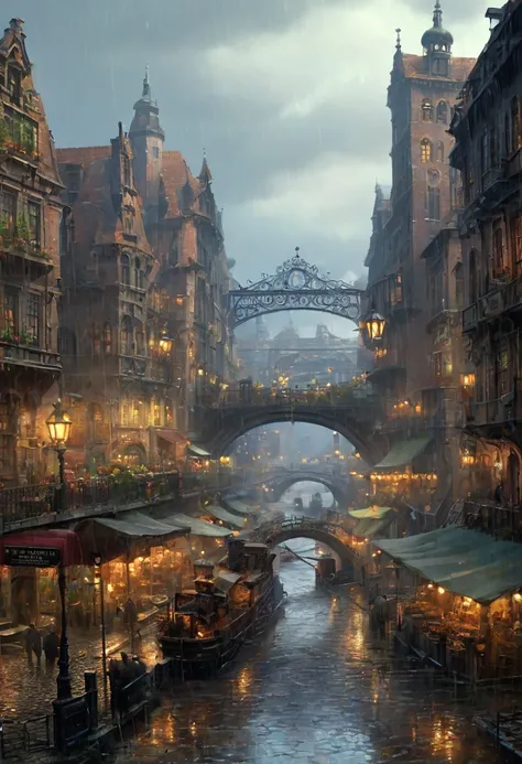 ((Masterpiece)),((best quality)),((Highly detailed)),((realistic,))
Industrial Age City, The deep valley in the middle, Architecture Street, fresh market, bridge, rainy day, Steampunk, European architecture