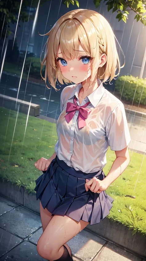 (rain:1.2),Schoolyard,girl, Middle school students,Petite,Wet body,(Wet Hair:1.5),Wet Face,Blonde,Bobcut,blue eyes,Small breasts,Pink lace bra showing through wet short-sleeved shirt,Wet pleated mini skirt,Navy blue socks,blush,Troubled face,,rain宿り,Please...