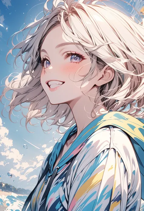 artwork:Yoshiyuki Sadamoto、Beautiful girl、、Turn around and smile at the viewer、Half-close your eyes、Smiling with teeth showing、one piece、water droplets、Blue sky and cumulonimbus background、Summer vacation、Summer Traditions、(Yoshiyuki Sadamoto スタイル:1.4)、Mas...