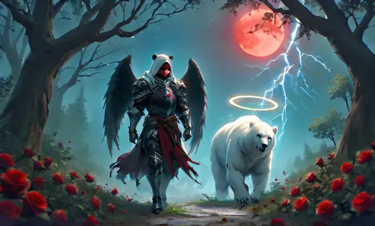 Male knight with a white hood with polar bear ears walks with a polar bear in a forest, his swords is in his hand, while the moon shines, many Roses cover the ground and lightning falls from the sky. Only the man wears a red blindfold and wide black wings ...