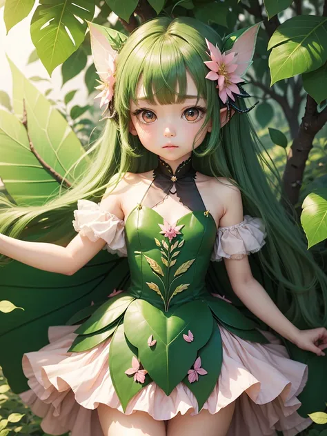 cute little Fairy, emerald butterfly, Leaf hair, pink eyes、dress made of leaves、pointy ears dress made of petals leaves