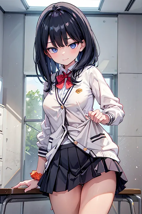 1mature female, takarada rikka, black hair, solo, blue eyes, smirking eyes, wrist scrunchie, long hair, red socks,open school uniform, bra, breast, black skirt, bangs, pleated skirt, orange scrunchie, red bow, undressed white cardigan, long sleeves, bowtie...