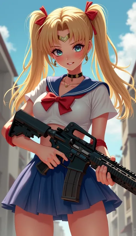 Pigtailed femdom wearing cropped Sailor Moon outfit. She&#39;s carrying an AR-15 rifle. She has a silly smile on her face、With eyes wide open towards the camera、head slightly tilted、High resolution, Overlooking, Anatomically correct, Highest quality, maste...