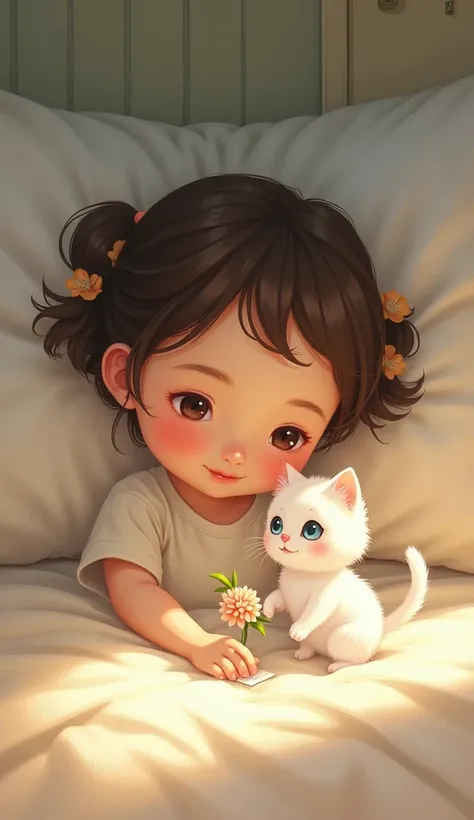 create a visual When a  girl opened her eyes, she found a small flower on her pillow. a small kitten with soft white fur and bright blue eyes, who was sniffing nearby seemed proud of his find in the garden. Although it was not clear how Mimi was able to br...