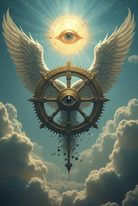  a hyper realistic image of wheels within wheels with two magnificent wings beside the wheels and hundreds of eyes on the wheels and a very big eye at the center the background should be in the clouds like the heavens.