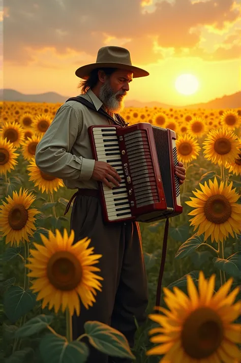 Create an image with a landscape of sunflowers at sunset with a peasant man playing the accordion with sadness 