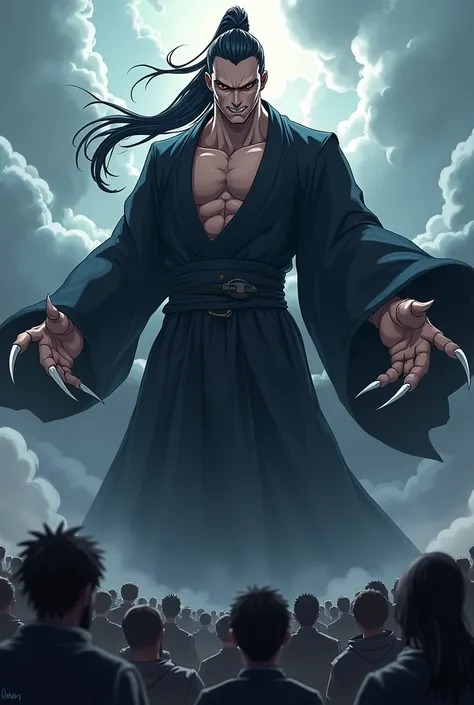 Warrior, long black hair tied up, muscular body, black anime robe, eyes, black as space, claws, fangs visible, followers, anime