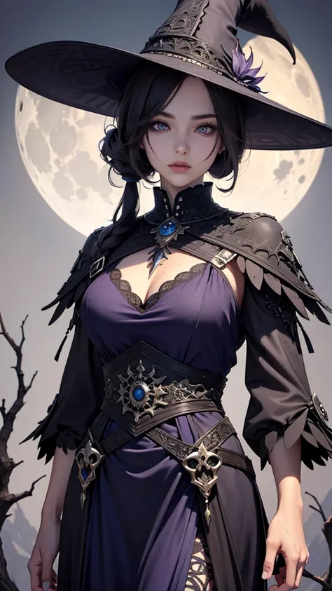 8K, ultra HD, very detailed, masterpiece, 1 girl, white face, detailed eyes, purple eyes, BREAK detailed lips, medium beasts, (intricate detail, intricate patterned mage outfit:1.5), (black and purple color), BREAK, darkness, moon background, wet ground, s...