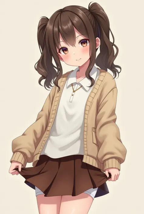  girl with brown hair in two pigtails, and light skin".Realistic style with short brown skirt, a white blouse, and chompa beis, with one hand lifting her skirt and showing her white panties