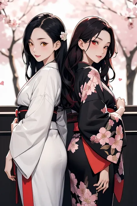 ((masterpiece,Best quality)),2 girls, black kimono, black stockings, black tape, black hair, Cherry blossoms, day, flower, lock of hair, hair tape, japanese clothing, kimono, long hair, I look at the viewer, looking back, several girls, heart, on open air,...