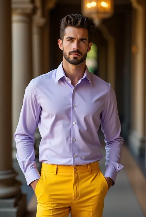 Handsome man in Lavander and yellow combination formals shirt and pants