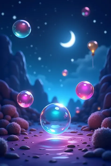 Generate a toon-style, 3D dark-themed home screen background for a bubble shooter game. The scene should show a fantasy world at night, with a starry sky and a distant, glowing moon. Colorful, shiny bubbles should float in the foreground, casting soft refl...